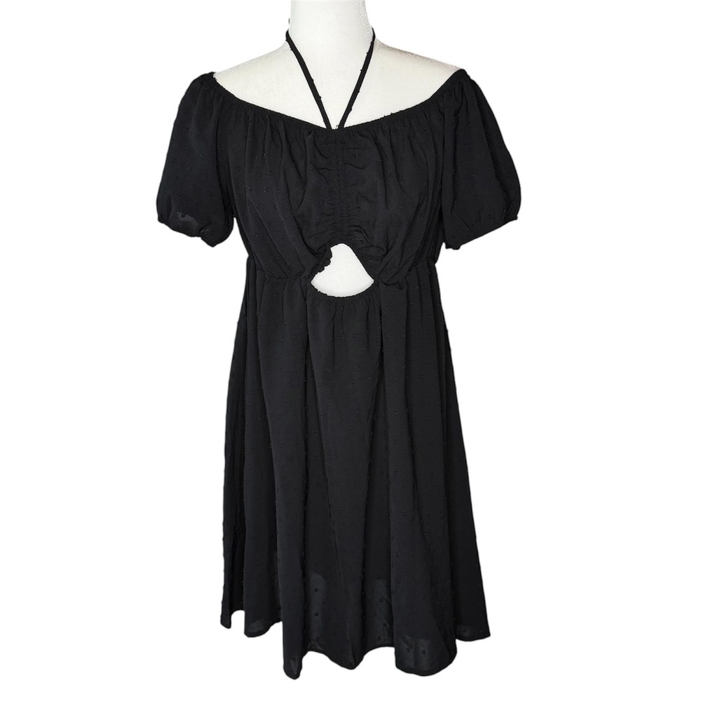SHEIN Curve Womens 1XL Black Swiss Dot Cutout Halter Mini Dress Whimsygoth